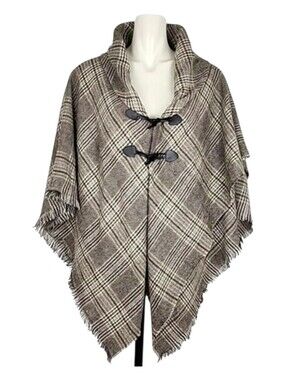 Modena Women's Brown Plaid Fringed Toggle Poncho Cape OS